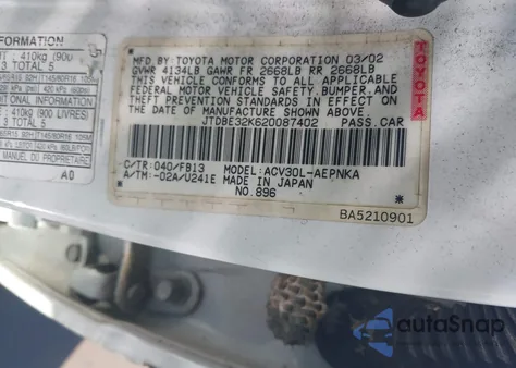 2002 Toyota Camry Le z USA, uszkodzony, nr VIN JTDBE32K620087402